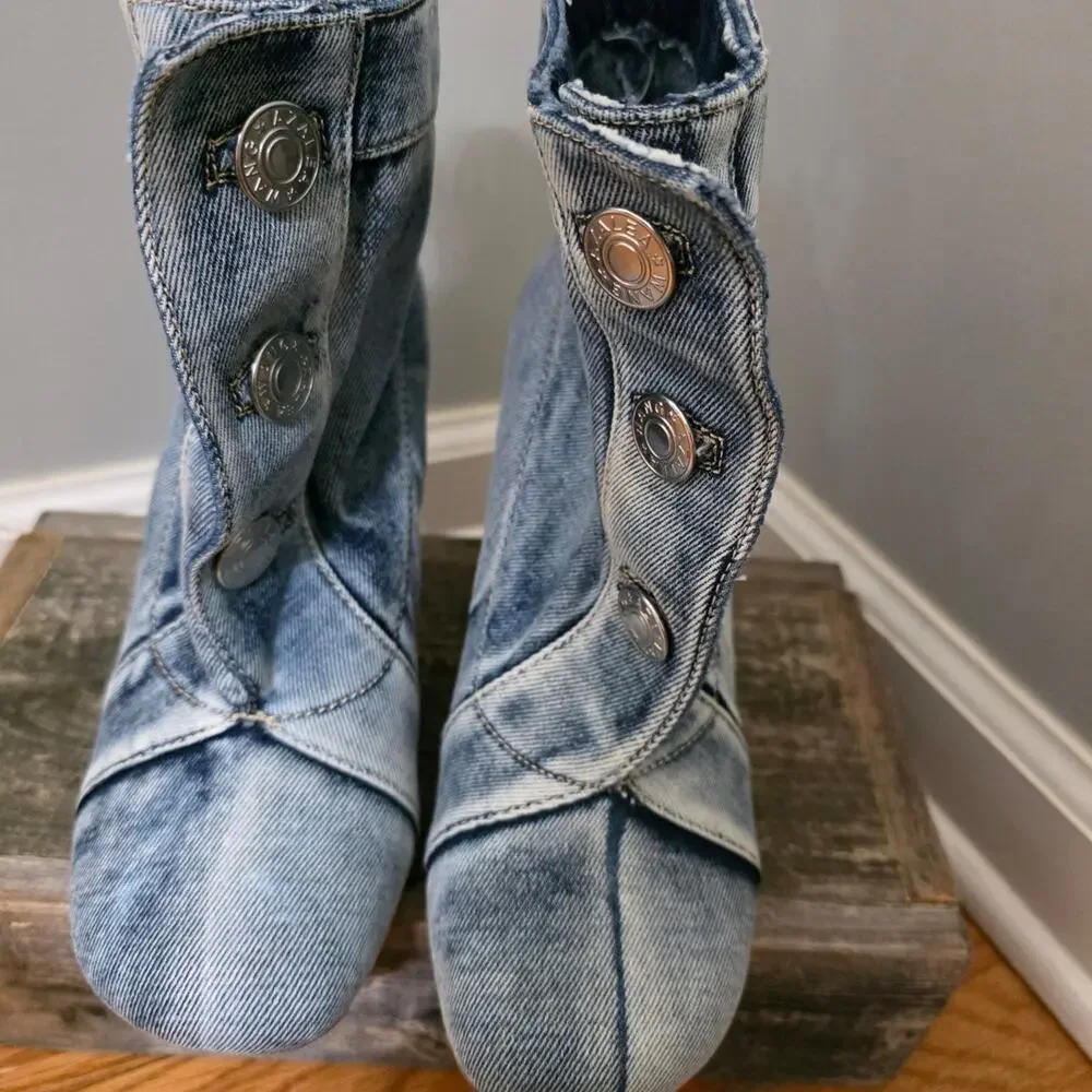 Azalea Wang Denim Button Up Stiletto Ankle Boots Acid Wash Blue Jean Booties 7.5